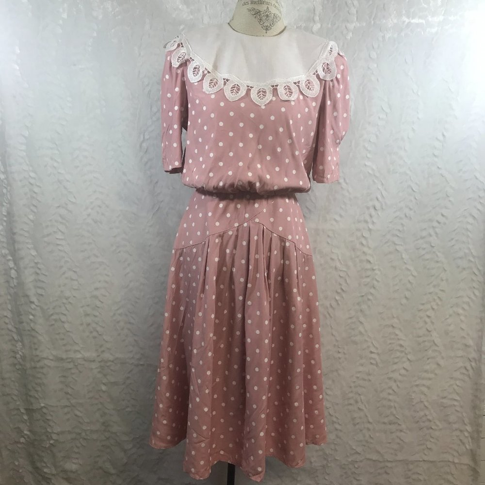 Vintage large collar Polka Dot 80's Fitted Dress